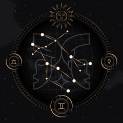 GEMINI zodiac horoscope astrology label with element, planet icon glyph. Thin line sign symbol art design vector illustration