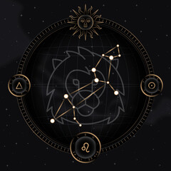LEO zodiac horoscope astrology label with element, planet icon glyph. Thin line sign symbol art design vector illustration