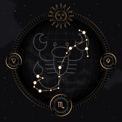 SCORPIO zodiac horoscope astrology label with element, planet icon glyph. Thin line sign symbol art design vector illustration