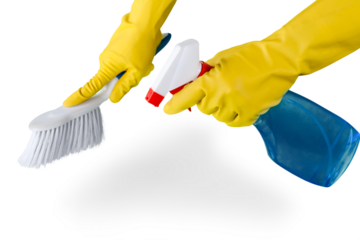 Hands in Rubber Gloves Holding a Brush and Spray Bottle - Isolated
