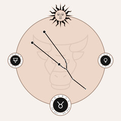TAURUS zodiac horoscope astrology label with element, planet icon glyph. Thin line sign symbol art design vector illustration