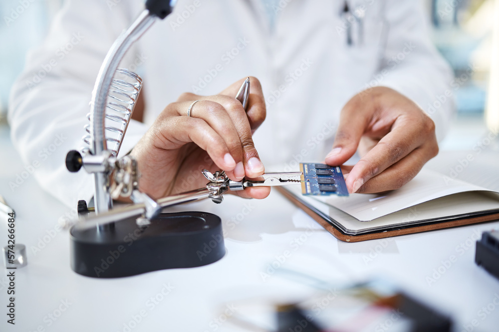 Poster hands, microchip and engineering woman with magnifying glass of science, maintenance and laboratory 