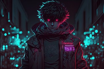 illustration of a cyberpunk anime hacker with cyber coat, generative ai