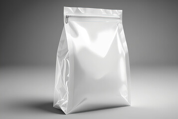 Blank white plastic bag with zip  mockup on light background. Generative AI.