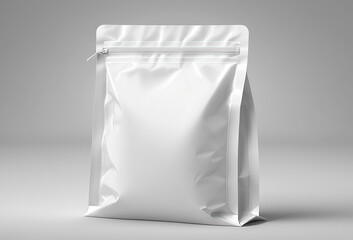 Fototapeta na wymiar Blank white plastic bag with zip mockup on light background. Generative AI.