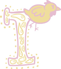 Vector drawing of letter R. In pastel colours yellow and pink, with patterns, dots, drop and big chicken on it. Contour, flat, doodle, isolated. For Easter, holiday, spring, beautiful, weekend.