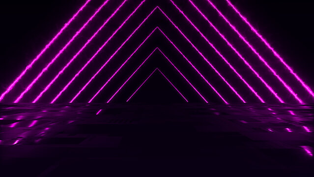 Abstract colorful background with bright rays and glowing lines. Abstract tech futuristic background. Bright neon lines sparkle. Seamless loop. 3d rendering. © Tetiana