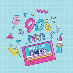 90’s party banner. Retro music poster, 90s tape cassette, lipstick in funky colorful design. Memphis music parties, disco hits advertising, audio poster. Vector illustration