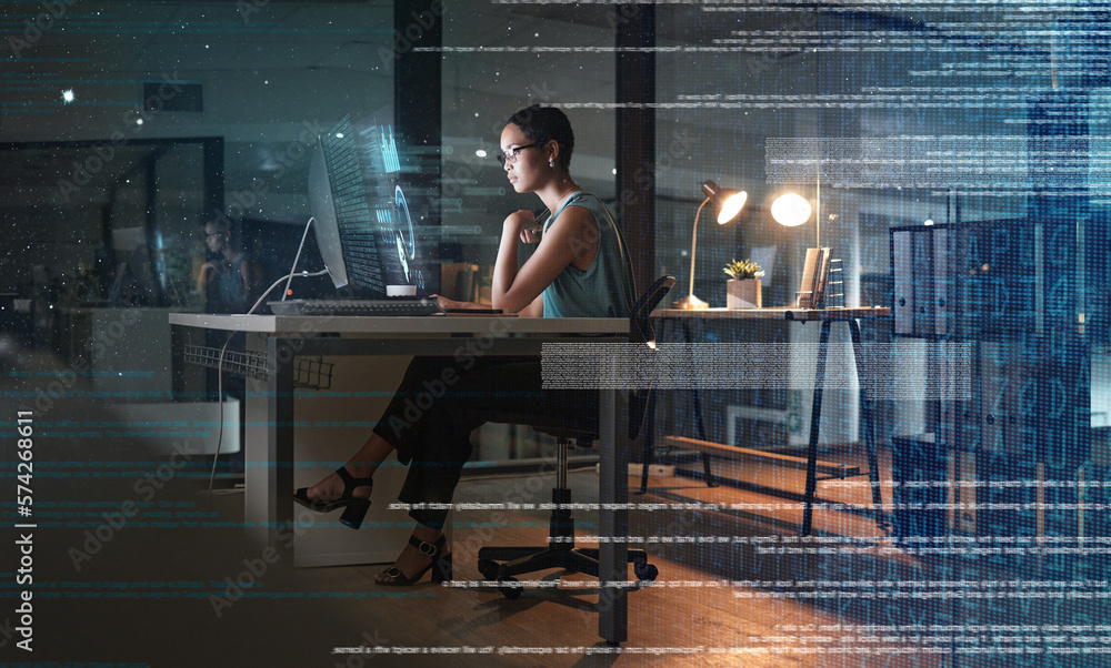 Leinwandbilder computer, future hologram and night woman reading global communication, networking research or analy