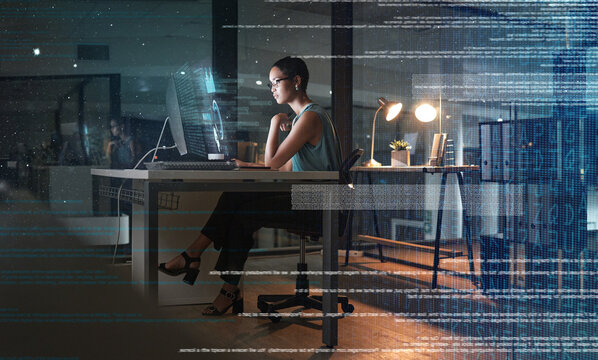 Computer, future hologram and night woman reading global communication, networking research or analytics. Digital transformation overlay, ui dashboard and African person work on network data analysis