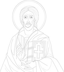 Christian orthodox Jesus Christ portrait graphic sketch template. Cartoon religion vector illustration in black and white for games. Childrens story book, fairytail, coloring paper, page, print