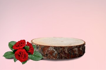 Blank wooden podium with fresh roses