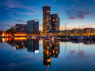 Fototapeta premium Panorama of the marina in Gdynia with modern architecture at dusk. Poland