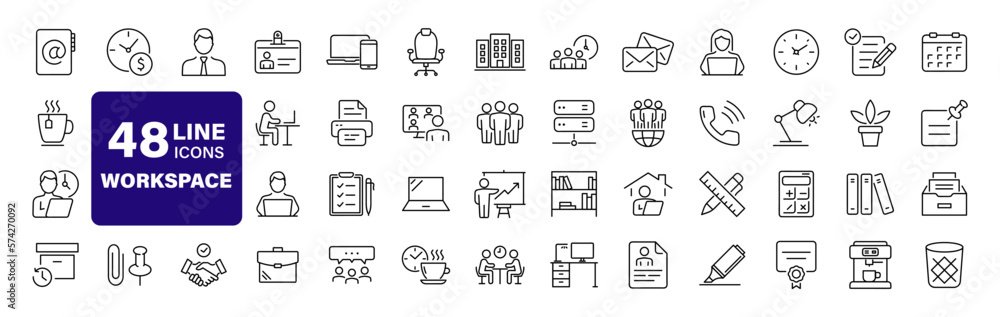 Aufkleber office workspace set of web icons in line style. office and coworking icons for web and mobile app. 