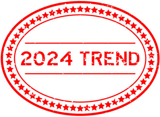 Grunge red 2024 trend word oval rubber seal stamp on white background