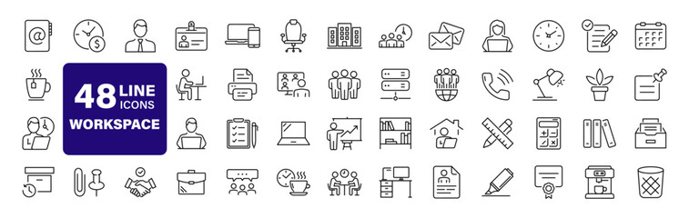 Office workspace set of web icons in line style. Office and coworking icons for web and mobile app. Office, remote working, meeting, co-worker, workspace, desk, computer, business icons and more - obrazy, fototapety, plakaty