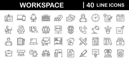 Office workspace set of web icons in line style. Office and coworking icons for web and mobile app. Office, remote working, meeting, co-worker, workspace, desk, computer, business icons and more