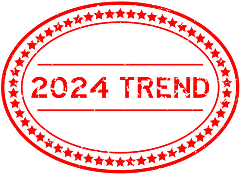 Grunge red 2024 trend word oval rubber seal stamp on white background