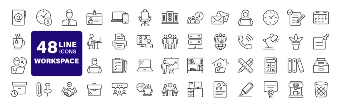 Office workspace set of web icons in line style. Office and coworking icons for web and mobile app. Office, remote working, meeting, co-worker, workspace, desk, computer, business icons and more