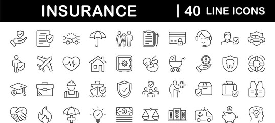 Fototapeta na wymiar Insurance set of web icons in line style. Insurance and assurance icons for web and mobile app. Protection of health, life, property, car, home, travel insurance icons and more. Vector illustration