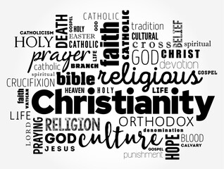 Christianity is an Abrahamic monotheistic religion based on the life and teachings of Jesus of Nazareth, word cloud concept background - obrazy, fototapety, plakaty