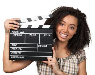 Young woman with movie clapper isolated on white