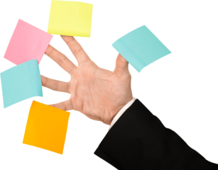 Close-up of businessman hand with colored stickers isolated on white background