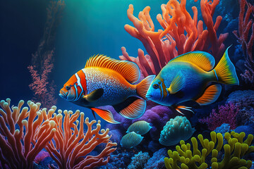 Colorful fish in a coral reef, illustration ai