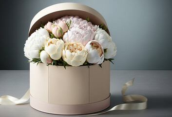 Flowers in round luxury present box, bouquet of pink and white peonies in paper box near the window. Generative AI.
