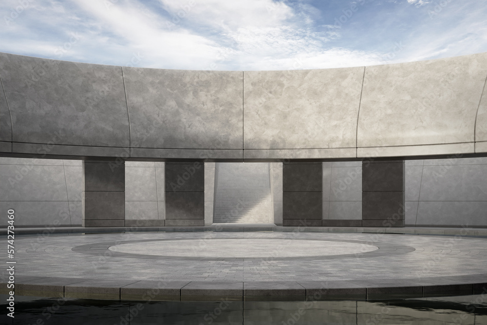 Poster empty round concrete floor with water pool. 3d rendering of abstract space with blue sky background.
