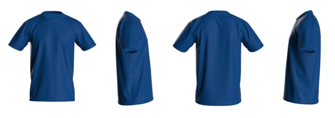 T-shirt template, from four sides, isolated on white background. Blue Color