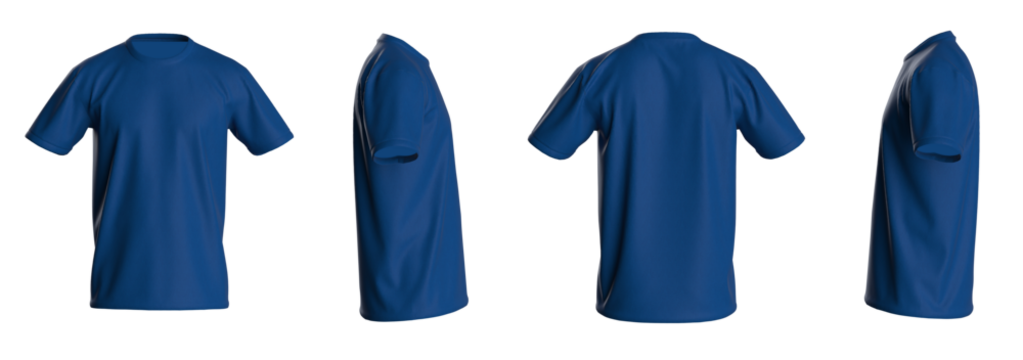 T-shirt template, from four sides, isolated on white background. Blue Color