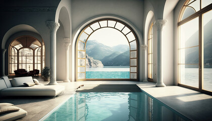 Fototapeta premium Modern italian interior with swimming pool