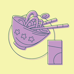 Asian food Collection clip art. Cute Line Art. Ramen Vector Illustration Set. 