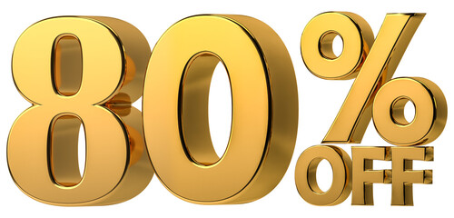 3d golden 80 % off discount isolated on transparent background for sale promotion. Number with percent sign. Include png format