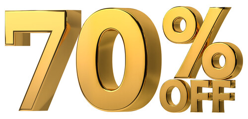 3d golden 70 % off discount isolated on transparent background for sale promotion. Number with percent sign. Include png format