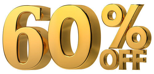 3d golden 60 % off discount isolated on transparent background for sale promotion. Number with percent sign. Include png format