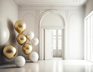 Fototapeta na wymiar White empty luxury apartment, room with golden and white air balloons. Celebration minimal template. Interior walls mouldings panels. Interior mockup. Generative Ai.