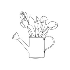 Watering can with flowers. One line art. Bouquet of tulips in watering can. Spring vector illustration. © Bieliola