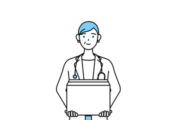 段ボールを運ぶ作業をする聴診器をかけた白衣の女性医師、シニア・中高年のベテラン医師