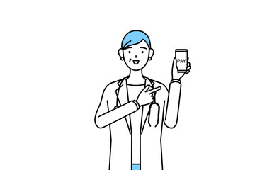 スマホのキャッシュレス・オンライン決済を勧める聴診器をかけた白衣の女性医師、シニア・中高年のベテラン医師