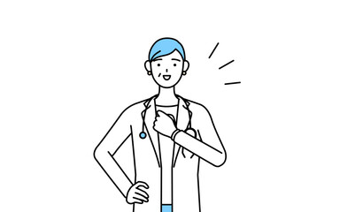 胸を叩く聴診器をかけた白衣の女性医師、シニア・中高年のベテラン医師