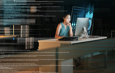 Computer, hologram hud or person reading future administration dashboard, ui chart or cloud computing software. Digital transformation web, night overlay or black woman focus on fintech data analysis