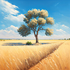 Oil painting of a wheat field with a big tree standing inside at summertim