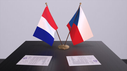 Czech and France national flags on table in diplomatic conference room. Politics deal agreement 3D illustration