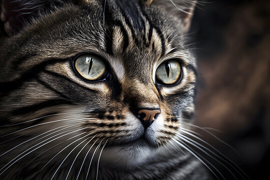 Portrait of a beautiful gray striped cat close up photography made with Generative AI