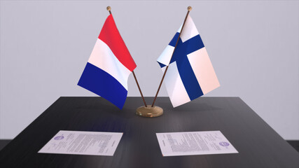 Finland and France national flags on table in diplomatic conference room. Politics deal agreement 3D illustration