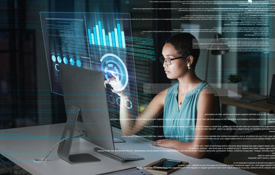 Computer hologram, finance or woman point at future administration dashboard, research chart or ui software. Digital transformation, cloud computing overlay or African accountant review data analysis