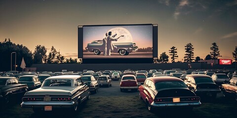 drive-in américain avec des voitures alignées sur plusieurs rangées, les occupants regardent un film sur un écran géant - obrazy, fototapety, plakaty