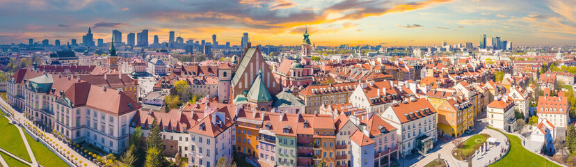 Naklejka na ściany i meble Historic cityscape panorama with high angle view of colorful architecture rooftop buildings in old town market square.